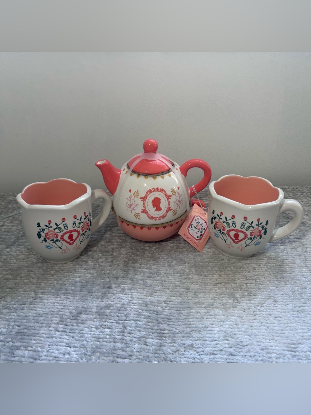 NWT Bridgerton Coral Ceramic Teapot
"Tea for One" Stacking Teapot and
Teacup Set
